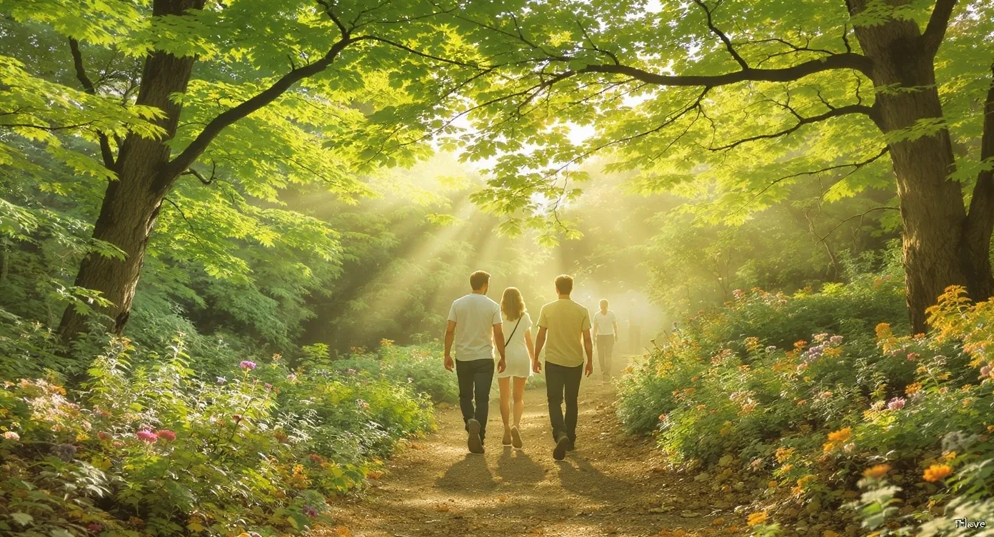 숲길을 함께 걷고 있는 사람들, 자신에게 맞는 교육 사이트를 찾아가는 학습 여정을 상징