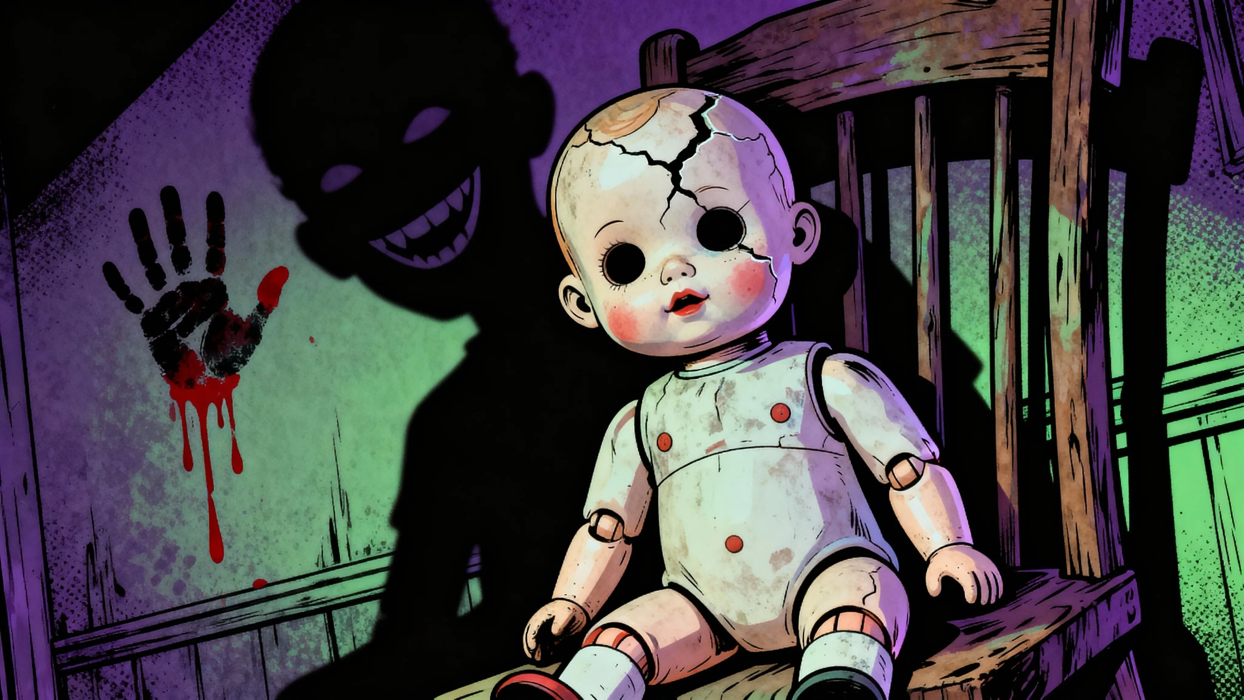 호러웹툰 추천: 인형 공포와 심리 스릴러를 상징하는 삽화